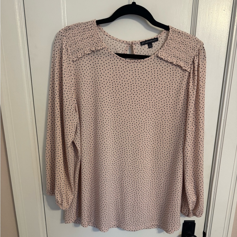 Adrianna Papell Pink Black Polka Dot 3/4 Sleeve Blouse
